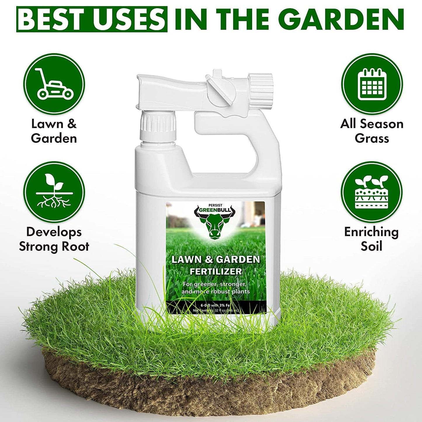 Persist Green Bull - 32 fl oz Liquid Grass Fertilizer Sprayer for Nitrogen Rich Lawn and Garden Soil